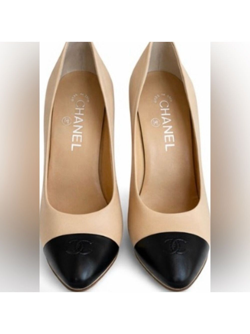 New CHANEL Beige Black Cap Toe Heels 39/9